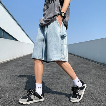 Wiaofellas Korean Style Summer Men's Blue Baggy Denim Shorts New Street Apparel Workwear Large Pocket Wide Leg Denim Shorts Blue